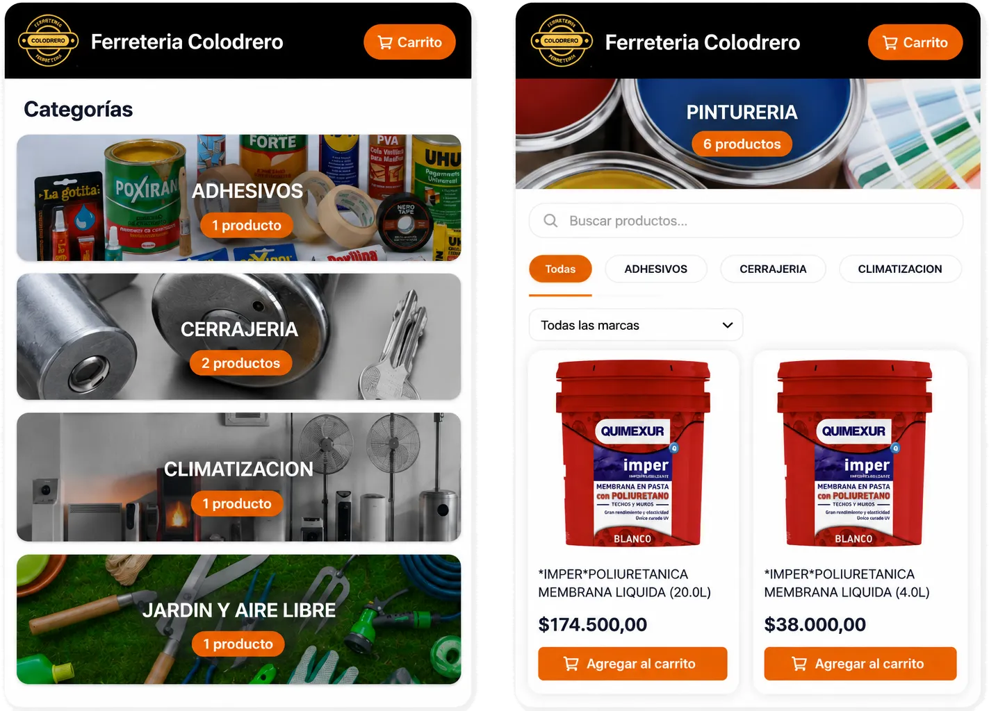 Dos pantallas de una tienda en Mercadito365: a la izquierda las categorías con foto, a la derecha el catálogo con buscador, filtros, precios y botón de compra.